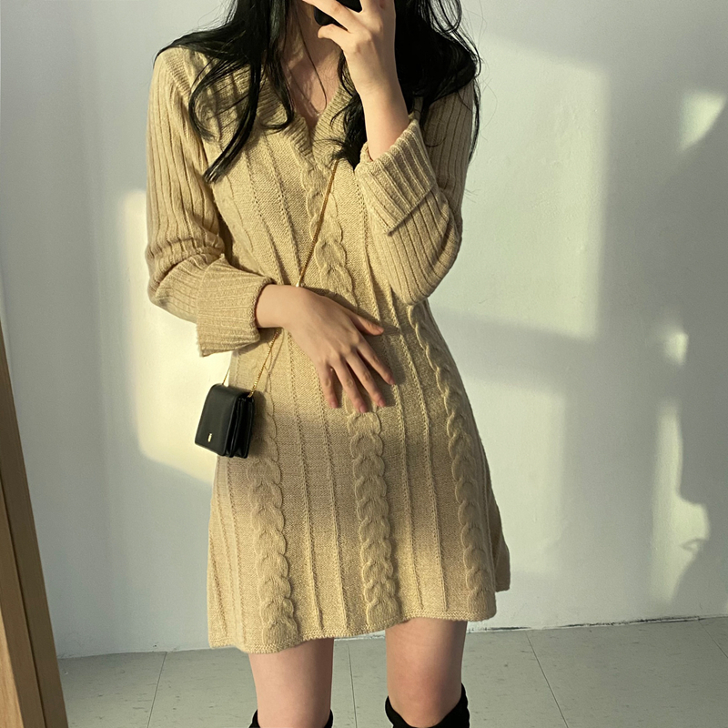 Korean Retro Braid Medium-Length V-Neck Warm Knit Sweater Dress for Women