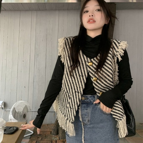 Actual shot!~Korean chic tassel striped vest