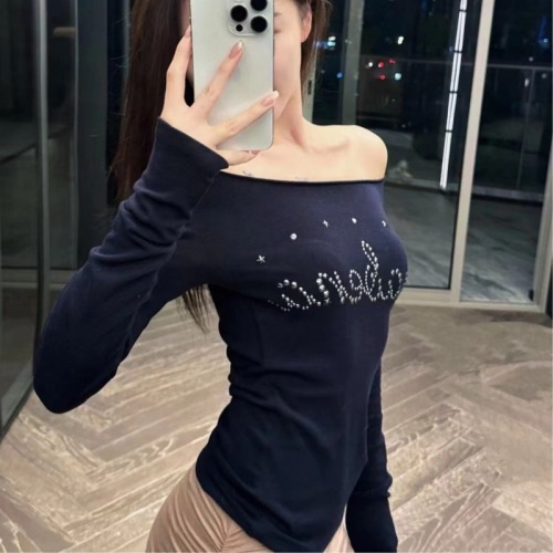 Pure desire design letter hot diamond one-shoulder T-shirt for women, autumn off-shoulder long-sleeved slim top and bottoming shirt