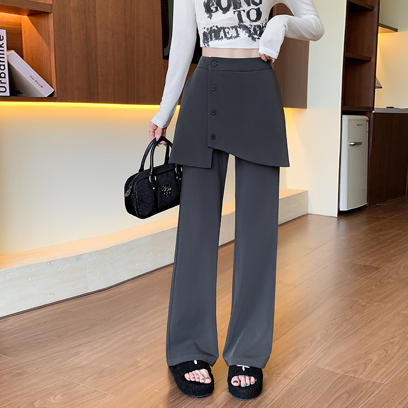 Real shot of fake two-piece gray suit, straight leg pants and skirt for women, autumn design, fashionable college style floor mopping pants