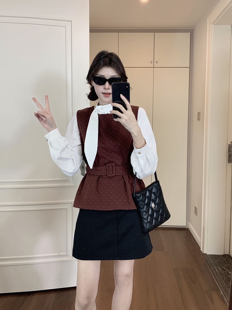 Vintage polka dot wool corduroy belted waist vest autumn versatile slimming top two-piece set