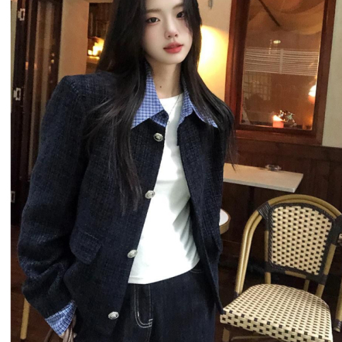 Fake two-piece plaid collar autumn 2024 short coat spring and autumn coat new style short temperament fragrant top