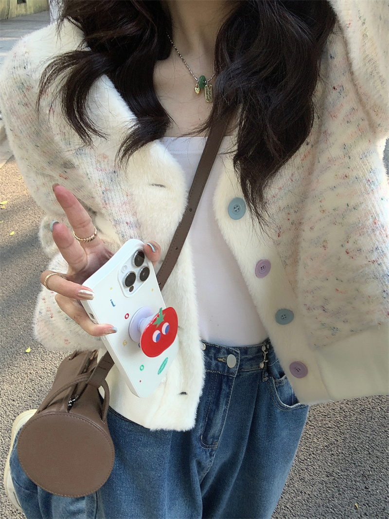 Photographed #Rainbow Point Plush Short Jacket Sweet and Spicy Style Beige Knit Cardigan Sweater Slim Short Top for Women