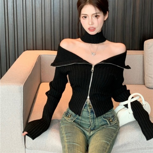 Real shot!  Pure lust hot girl one-shoulder double zipper pit striped chic long-sleeved knitted cardigan