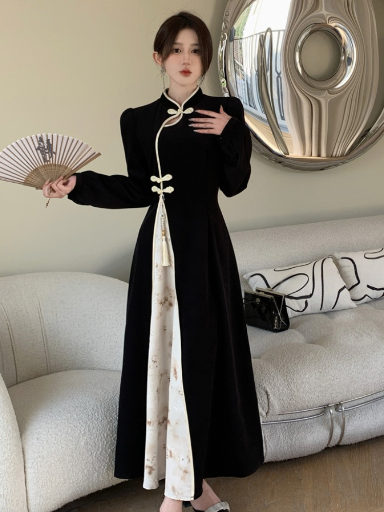 春秋新中式國風復古改良旗袍裙子女裝大碼胖mm顯瘦長袖高腰連衣裙