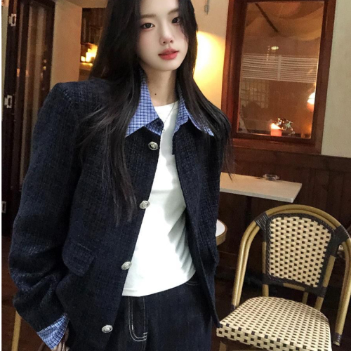 Fake two-piece plaid collar autumn 2024 short coat spring and autumn coat new style short temperament fragrant top