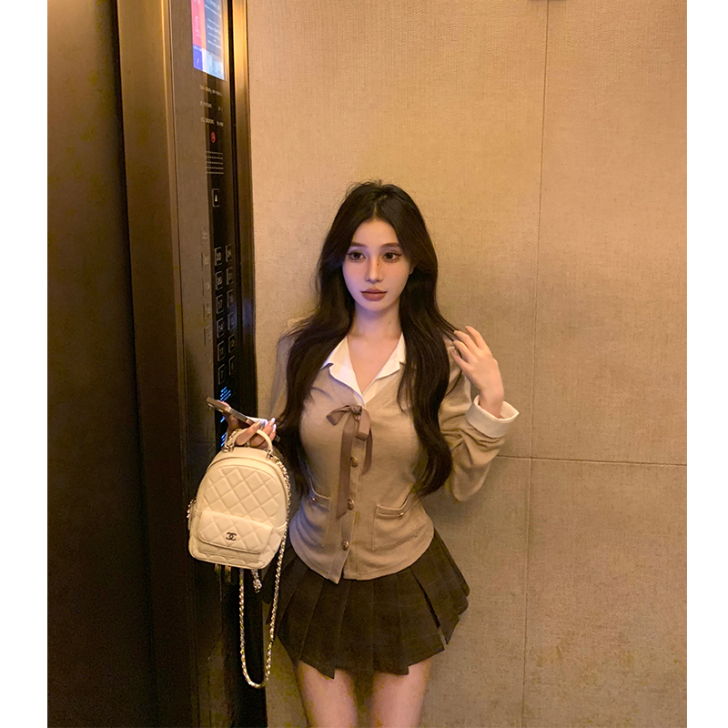 Shot Age-Defying Young Lady's Academic Style Knit Two-Piece with Bow Waist Suit Autumn
