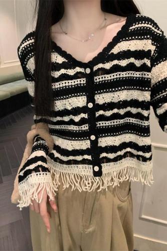 Real shot of tassel design niche hollow sweater short top small fragrance cardigan jacket for women