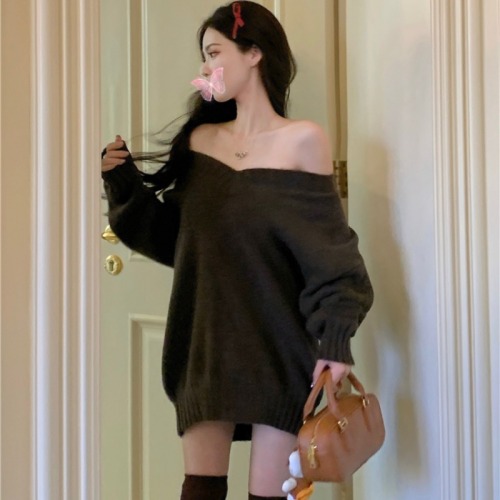 Real shot!  Retro coffee color V-neck pullover sweater for women simple loose lazy style top