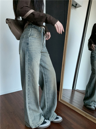 Real shot!  Distressed straight-leg jeans for women, retro washed high-waisted loose wide-leg trousers trendy