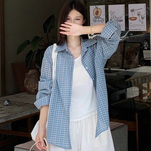 Real shot Autumn blue plaid sun protection long-sleeved shirt women's new thin shirt French top jacket