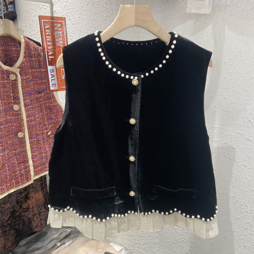 Quality Inspection Official Picture Round Neck Sleeveless Velvet Vest 2024 Autumn New Temperament Splicing Outerwear Waistcoat Top