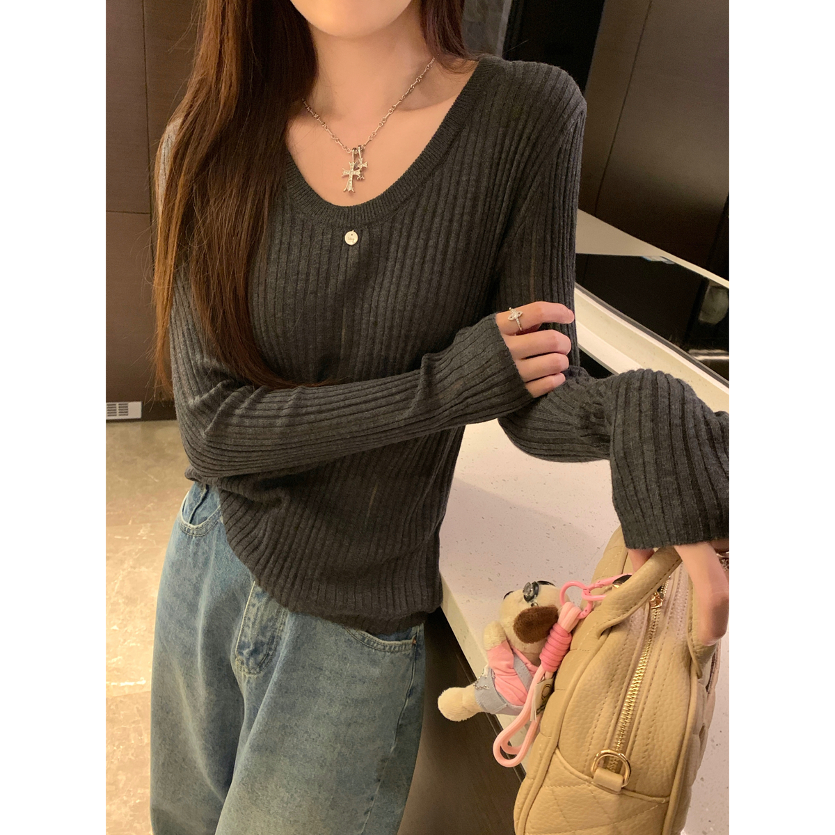 Real shot of autumn and winter Korean style temperament u-neck slim design versatile 6 wool sweater bottoming long-sleeved top