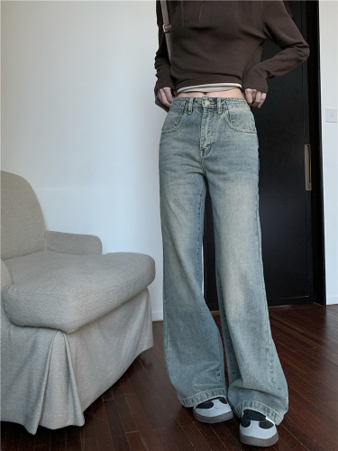 Real shot!  Distressed straight-leg jeans for women, retro washed high-waisted loose wide-leg trousers trendy