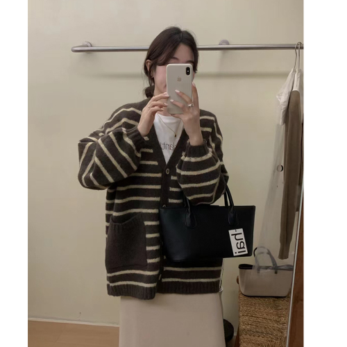 Real shot of lazy style striped pocket knitted cardigan loose hooded sweater jacket mid-length hip-covering top