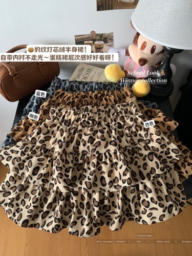 Real shot of ruffled leopard print cake skirt for women, fashionable age-reducing high-waisted slimming fluffy A-line short skirt