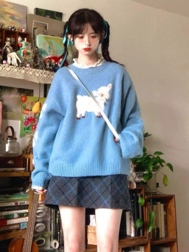 Soft blue round neck short three-dimensional bow lamb sweater women's top loose winter lazy style sweater