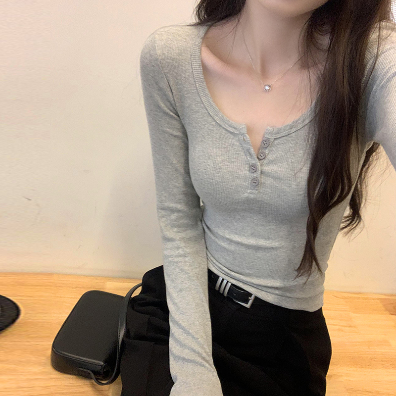 Real shot of threaded knitted bottoming shirt for women in autumn 2024 new slim fit long-sleeved T-shirt collarbone hot girl top