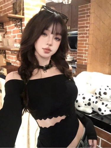 Minami Rika's Secret Place One-Shoulder Lace Waistless Sexy T-Shirt Women's Early Autumn Long-Sleeved Mesh Hot Girl Top