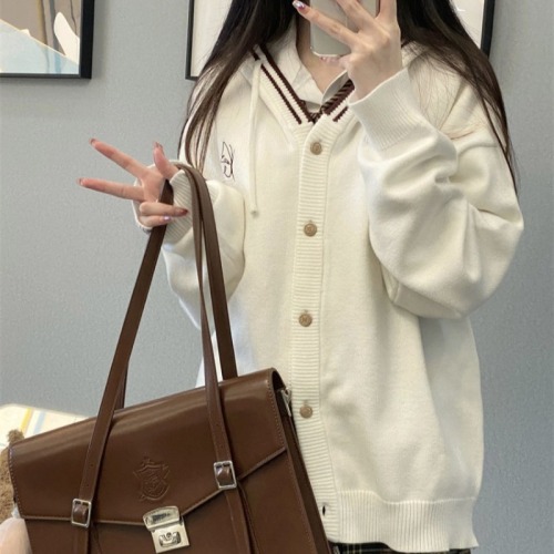 College style new spring and autumn knitted jacket cardigan hooded girl Japanese loose slim sweater outer wear trend