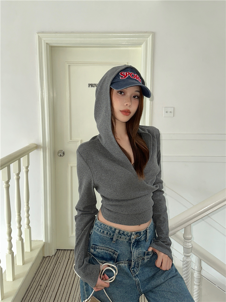Casual retro design crossover hooded long-sleeved T-shirt for women early autumn slimming short top