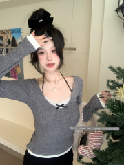 Actual shot ~ Sweet White Story Lace splicing design gray bottoming shirt women's v-neck knitted top