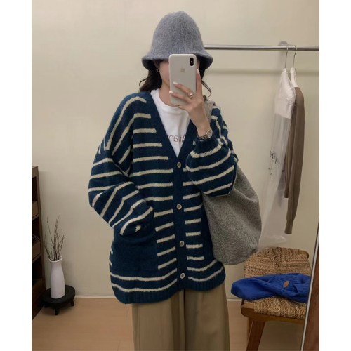 Real shot of lazy style striped pocket knitted cardigan loose hooded sweater jacket mid-length hip-covering top