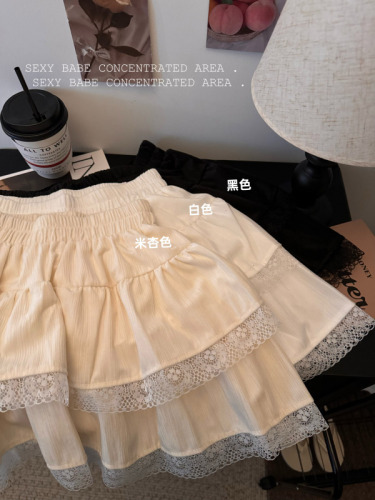 Real shot~Sweet age-reducing lace splicing cake skirt women's early autumn elastic waist A-line skirt skirt short skirt