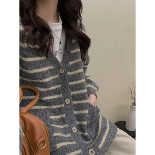 Real shot of lazy style striped pocket knitted cardigan loose hooded sweater jacket mid-length hip-covering top