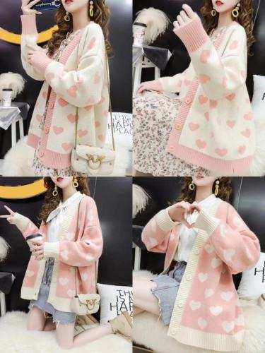 Knitted sweater women's coat jacquard cardigan female student mid-length loose lazy college style love knitted sweater