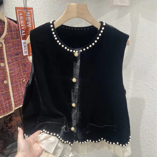 Quality Inspection Official Picture Round Neck Sleeveless Velvet Vest 2024 Autumn New Temperament Splicing Outerwear Waistcoat Top