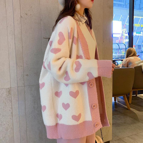 Knitted sweater women's coat jacquard cardigan female student mid-length loose lazy college style love knitted sweater