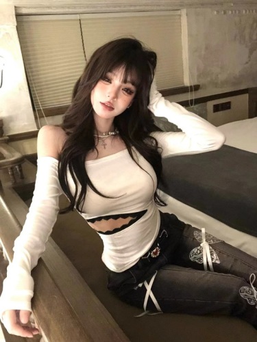 Minami Rika's Secret Place One-Shoulder Lace Waistless Sexy T-Shirt Women's Early Autumn Long-Sleeved Mesh Hot Girl Top