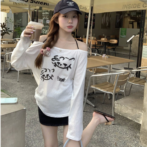 Bamboo thread one-shoulder long-sleeved T-shirt printed sun protection thin blouse loose casual top