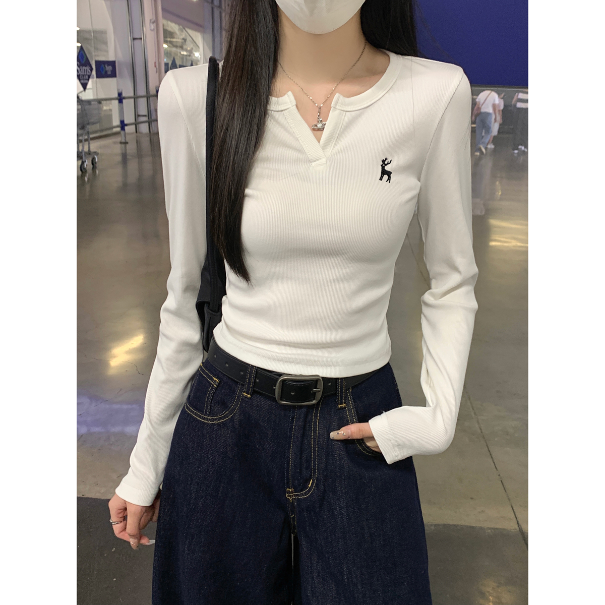 Actual shot of autumn and winter Korean style half open collar slim fit simple embroidered versatile long-sleeved T-shirt bottoming top for women