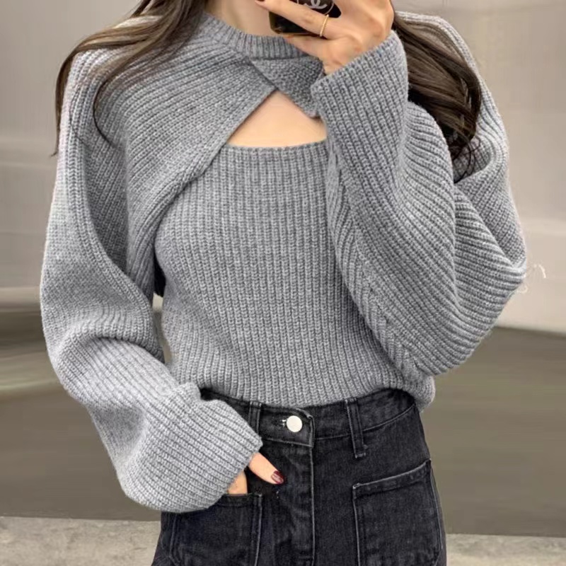 Korean-style outfits, women's knitted shawl camisole two-piece set, early autumn lazy style complete set