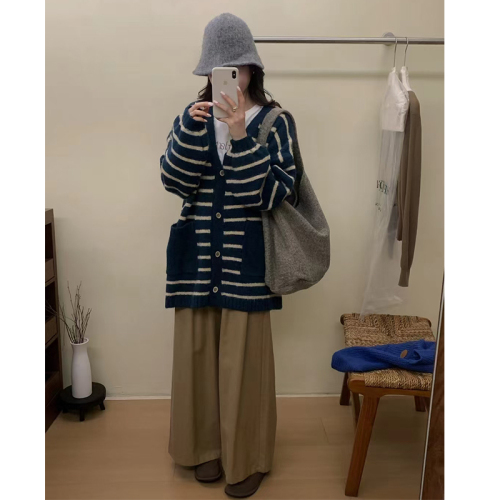 Real shot of lazy style striped pocket knitted cardigan loose hooded sweater jacket mid-length hip-covering top