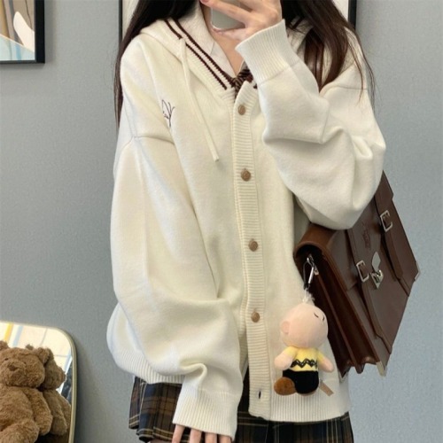 College style new spring and autumn knitted jacket cardigan hooded girl Japanese loose slim sweater outer wear trend