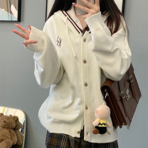 College style new spring and autumn knitted jacket cardigan hooded girl Japanese loose slim sweater outer wear trend