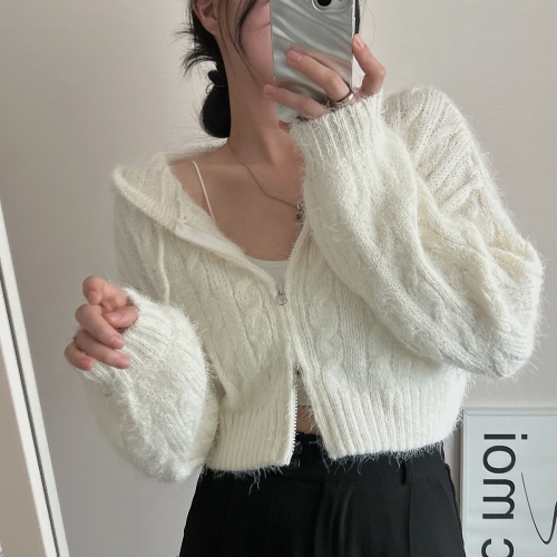 Slightly fat plus size women's Korean style solid color twist zipper hooded tie bow twist puff sleeve knitted sweater