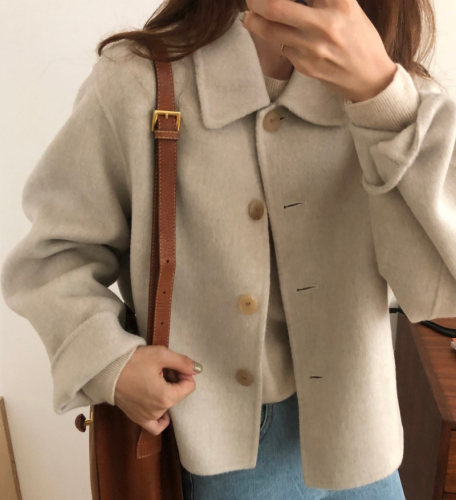 2024 new ins style Korean style retro autumn and winter short double-sided woolen lapel woolen coat for women with small stature