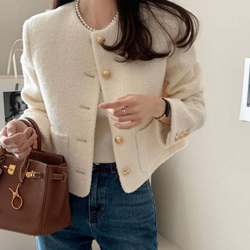 Celebrity lady Korean Chic woolen coat, fashionable single-breasted short cardigan woolen coat