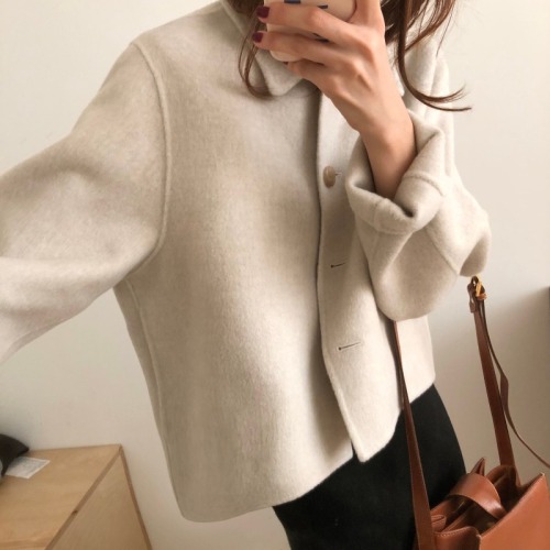 2024 new ins style Korean style retro autumn and winter short double-sided woolen lapel woolen coat for women with small stature