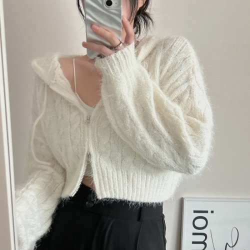 Slightly fat plus size women's Korean style solid color twist zipper hooded tie bow twist puff sleeve knitted sweater