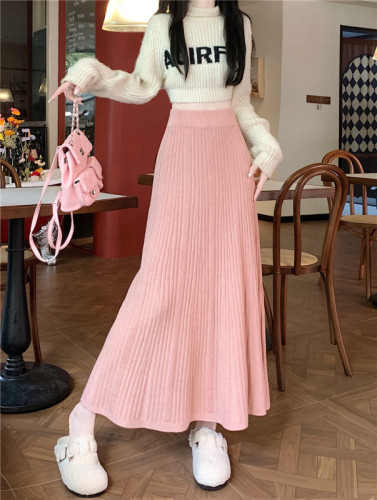 Actual shot of 2024 autumn and winter new thickened knitted skirt women's high-waist slimming mid-length A-line woolen skirt