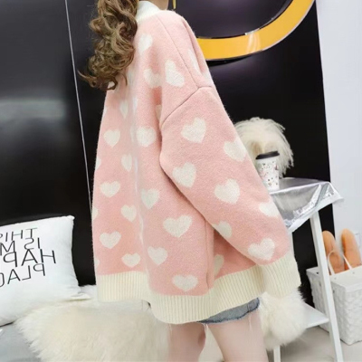 Knitted sweater women's coat jacquard cardigan female student mid-length loose lazy college style love knitted sweater