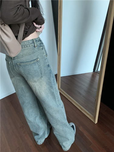 Real shot!  Distressed straight-leg jeans for women, retro washed high-waisted loose wide-leg trousers trendy