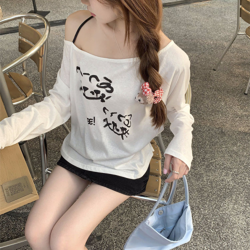 Bamboo thread one-shoulder long-sleeved T-shirt printed sun protection thin blouse loose casual top