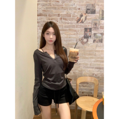 Actual shot of autumn and winter Korean style half-open collar simple pleated slim long-sleeved T-shirt long-sleeved top