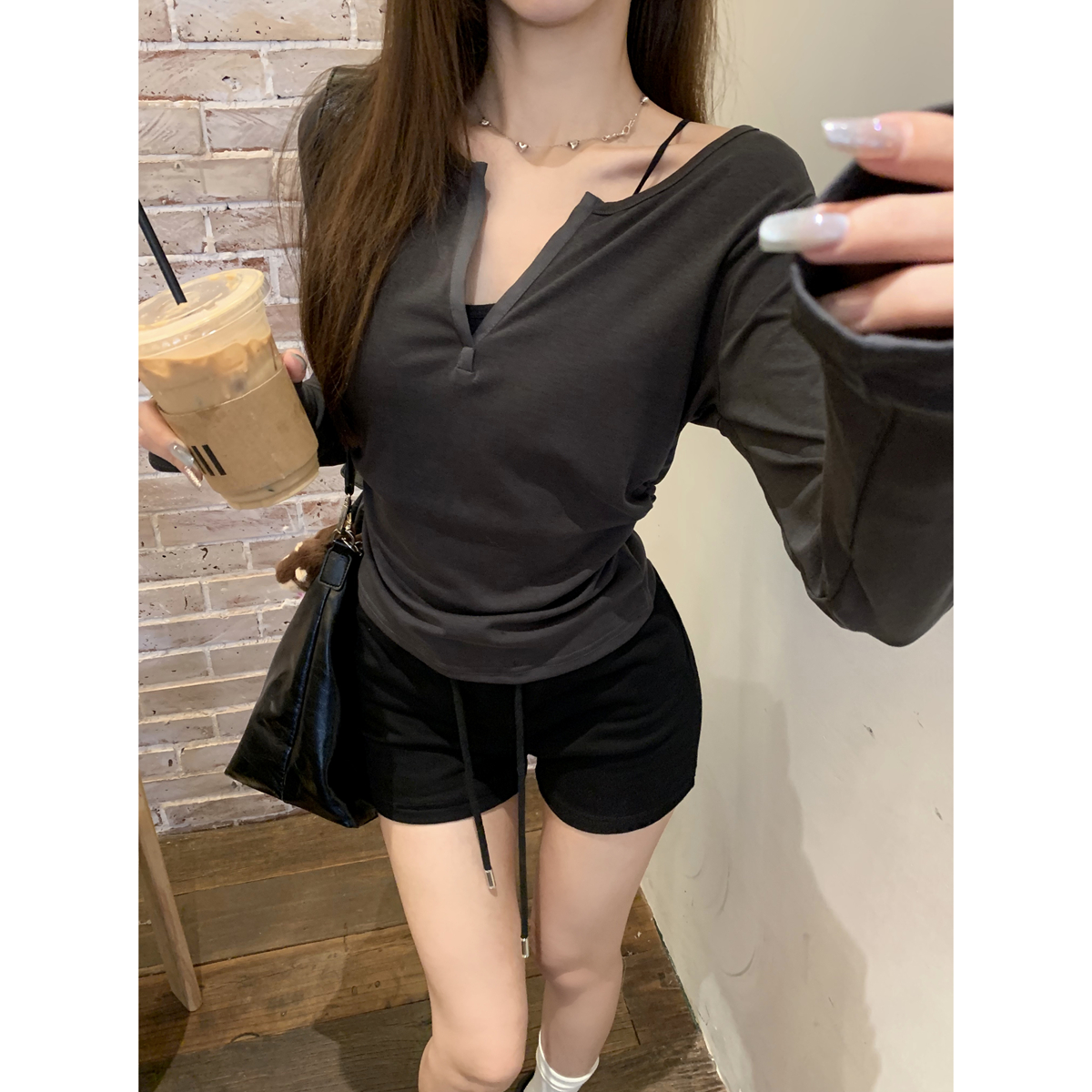 Real shot of autumn and winter Korean style half-open collar simple pleated slimming versatile long-sleeved inner T-shirt long-sleeved top for women